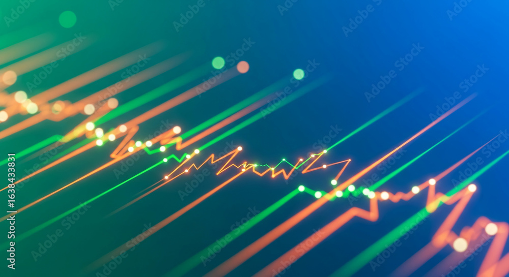 Poster abstract image of glowing orange and green lines forming dynamic graphs on a dark blue background, s