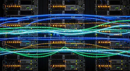 Fototapeta premium Vibrant data center with illuminated servers and network cables