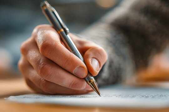 Close-up of a hand holding a pen and paper, doing an exam in school, writing something. Blurred background. The student is sitting at their desk, taking a mental test for a final-year class.