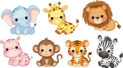 Cute cartoon jungle animals, adorable baby wildlife clipart, kawaii lion tiger giraffe elephant zebra hippo monkey, nursery art, vector illustration