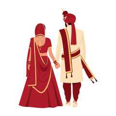 Obraz premium Minimal Hindu Wedding Couple Walking Away Back View Vector Illustration