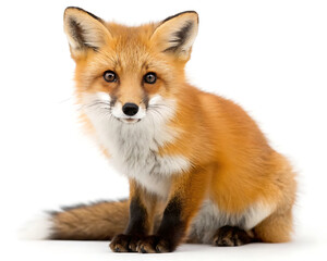 Obraz premium A red fox sitting and looking forward with a white background in a studio setting with bright lighting