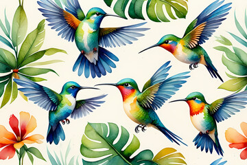 Hummingbird Watercolor Pattern: Tropical Birds, Lush Leaves, Seamless Design