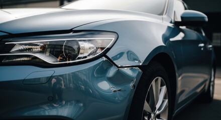 Close-up of a dented, light-blue car front bumper