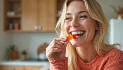 Smiling blonde woman takes retinol gummy vitamin for healthy skin care routine. Enjoys oral supplement for wellness, beauty, vibrant vitality, youthful facial glow. Morning habit promotes radiant