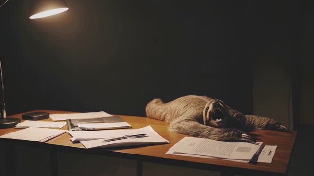 A tired office sloth lying on the desk yawning at the camera. Ideal for funny animal videos, humor content, memes, or illustrating workplace fatigue in a playful way.
