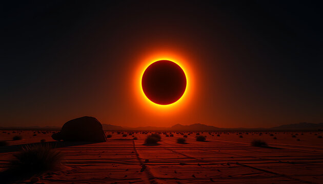 Dramatic solar eclipse illuminating desert landscape with vibrant orange and red hues