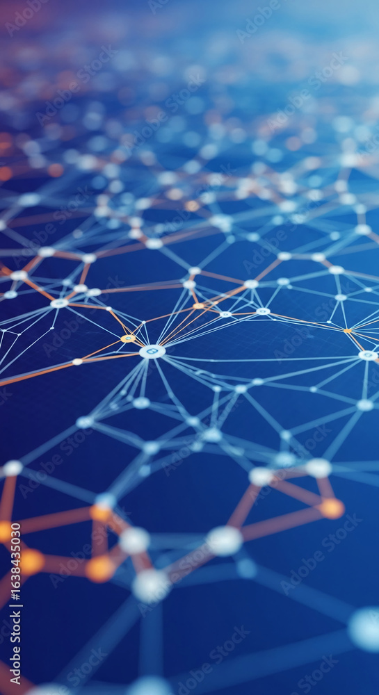 Poster abstract image of interconnected nodes and lines on blue background, representing network, connectio