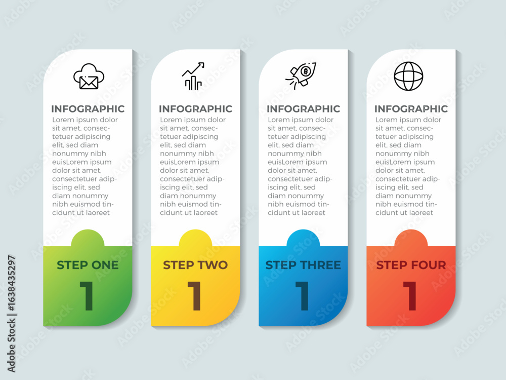 Poster concept of arrow business model with 4 successive steps. six colorful graphic elements. timeline des