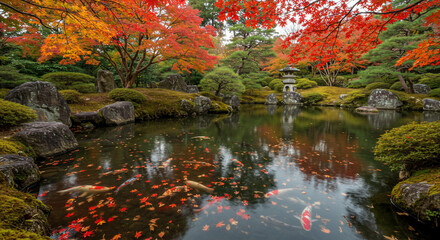 A serene japanese garden with a pond filled with koi fish and autumn foliage reflecting in the water