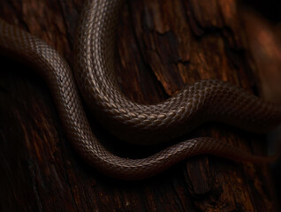 Obraz premium Brown snake coiled on dark wood reptile