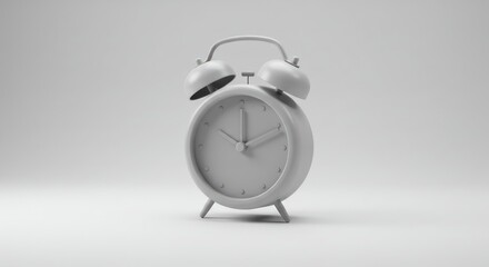 Minimalist monochrome alarm clock on white background.