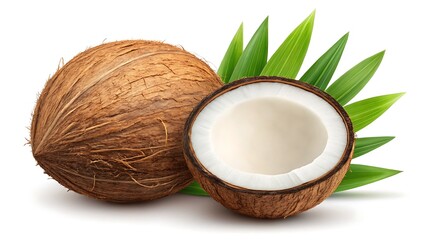 Fresh whole coconut shows alongside opened coconut with coconut leaves behind on a white background