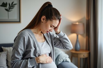A young pregnant woman in pain holding stomach and wincing from headache in close-up shot at home.