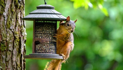 Naklejka premium Squirrel at bird feeder