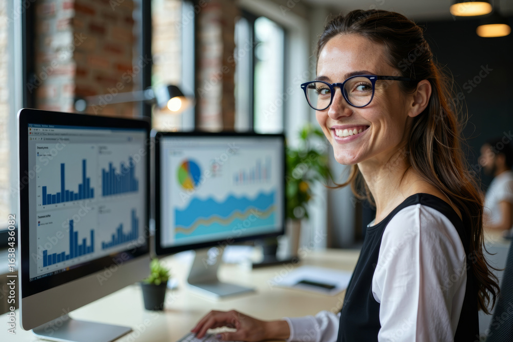 Poster a professional and successful female analyst in eyeglasses smiling while working on data analysis an
