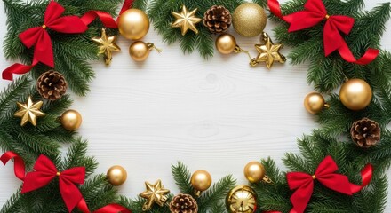 Christmas frame of greenery, gold ornaments, and red ribbons on white wood