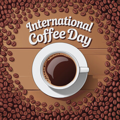 Celebrating international coffee day with a freshly brewed cup surrounded by roasted coffee beans on a wooden surface.