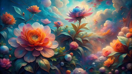 Pastel floral landscape features orange and pink flowers under a cloudy blue sky