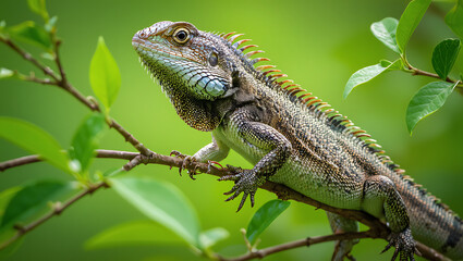 Obraz premium Eastern water dragon perched on a branch amidst lush green foliage