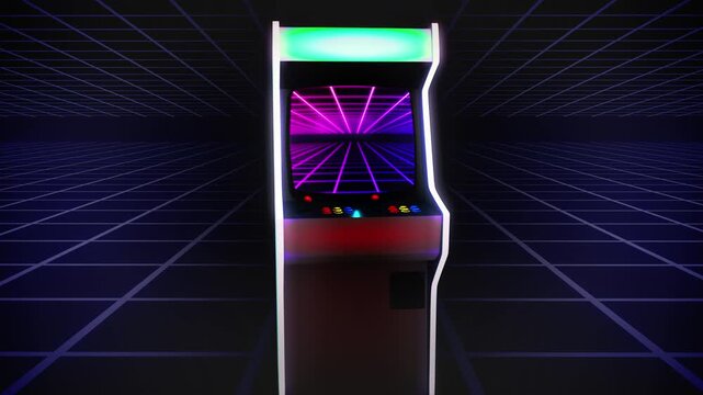 Press start, arcade game machine intro. Zoom in to the screen of a videogame, with a retro, neon aesthetic. A 3D graphics animation template
