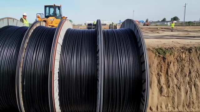 Coils of black cable on large reels