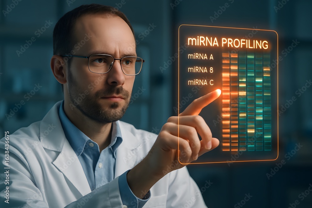 Poster mirna profiling analysis: scientist examining genetic data on digital interface