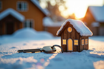 Naklejka premium The Key to Your Winter Wonderland: A Sparkling House Key in Close-up Against a Snowy Backdrop