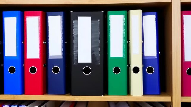 Colorful file folders on a wooden shelf