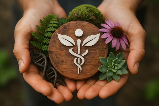 Holistic medicine concept with caduceus symbol and natural elements in hands