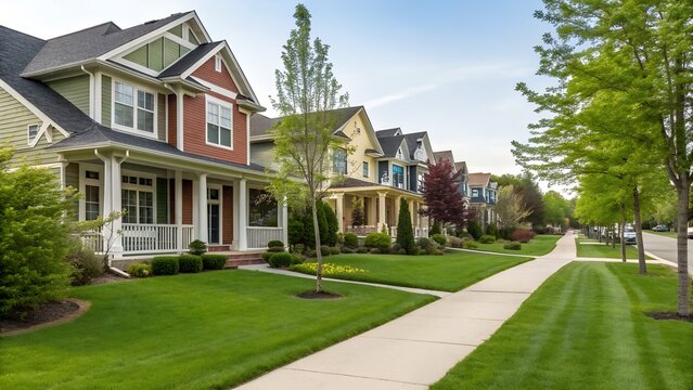 A row of suburban houses with green lawns and a sidewalk under a bright blue sky on a sunny day
