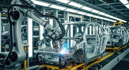 Fototapeta premium Automated car body assembly line. Robotic arm welding car chassis. Bright industrial environment