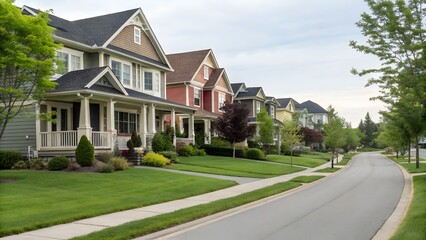 Naklejka premium Row of suburban houses with manicured lawns and trees lining the street on a cloudy day in the neighborhood