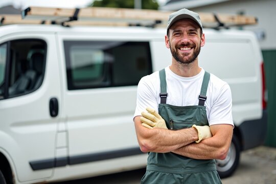 Joyful male painter proudly posing in front of his white work van with arms crossed and gloves on.