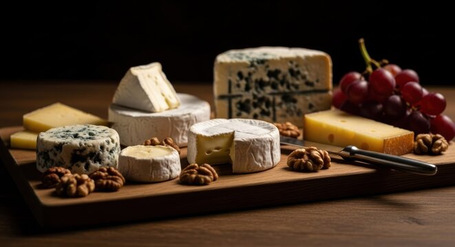 Assorted cheeses, grapes, and nuts on a wooden board