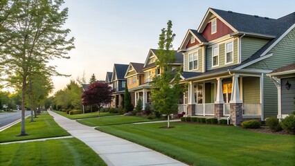 A residential street with well manicured lawns and sidewalks lined with trees and colorful houses