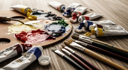 Artist's palette with tubes and brushes. Colorful paint sits on a wooden palette