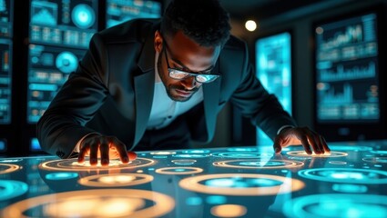 Man interacting with futuristic holographic touchscreen display