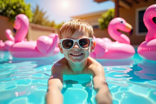 Young boy gleefully jumps into a pool filled with pink flamingo inflatables, sporting a pair of sunglasses on a sunny summer day.