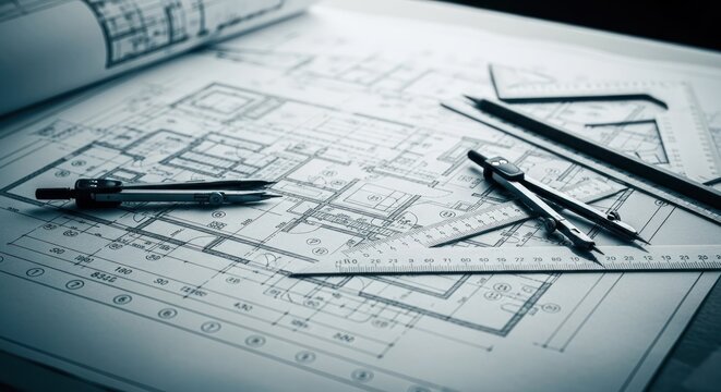 Architectural blueprints and drafting tools on a table. Detailed house plans, compasses, rulers, and triangles are arranged neatly. A grayscale image conveys precision and technicality