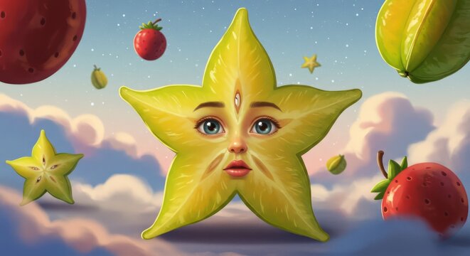 Star fruit face among floating fruits and clouds. - Powered by Adobe