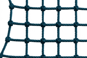 Tight blue rope mesh forming square pattern, transparent backdrop highlighting intricate geometric netting design