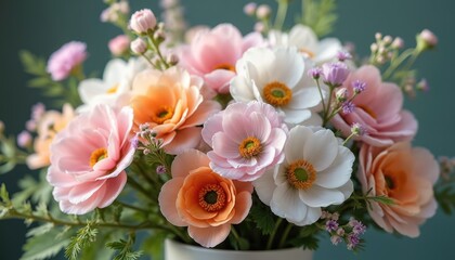 Close-up of delicate bouquet featuring soft pink, white, orange blossoms with vibrant green leaves. Arrangement romantic spring theme, perfect for decor greeting cards. Gentle focus on petals,