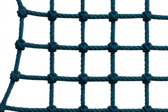 Tight blue rope mesh forming square pattern, transparent backdrop highlighting intricate geometric netting design
