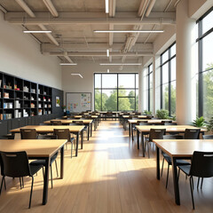 Innovative classroom makerspace features collaborative learning environment. Wide-angle view of modern educational facility interior design with natural light, ample workspace. Ideal for creative