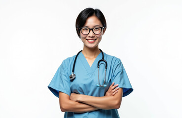 Smiling Asian female doctor wears blue uniform, glasses, stethoscope around neck. She stands with arms crossed against clean white background, representing healthcare professionals, medical services.