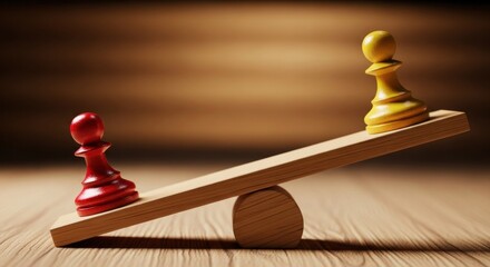 A wooden seesaw with red and yellow chess pieces, symbolizing balance