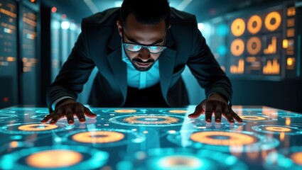 Man in glasses interacting with futuristic holographic display in data center