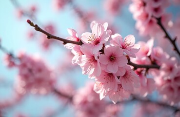 Close-up of delicate pink cherry blossoms in full bloom against a soft blue sky. This spring floral scene features blooming sakura branches, signifying renewal and natural beauty.