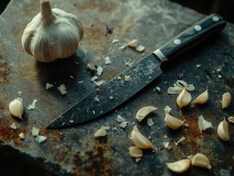 A garlic laid on kitchen board.